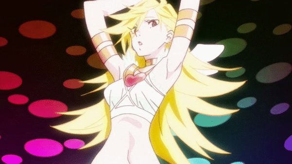 animated animated_gif arms_up blonde_hair dress jewelry long_hair looking_at_viewer non-web_source panty_&amp;_stocking_with_garterbelt panty_(psg) solo very_long_hair white_dress