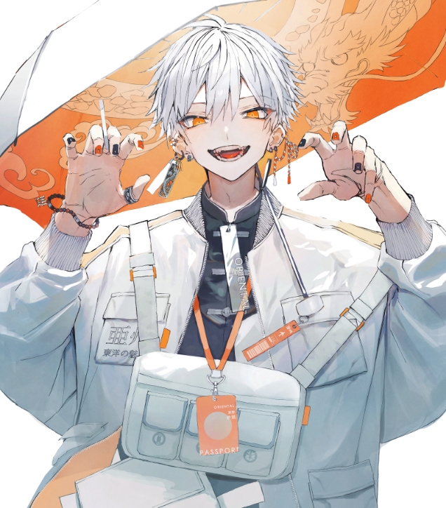 1boy black_shirt bracelet chinese_clothes earrings fangs grin hair_between_eyes hands_up id_card jacket jewelry looking_at_viewer male_focus manicure nail_polish official_art open_clothes open_jacket open_mouth orange_eyes orange_umbrella original piercing sakusya2honda shirt simple_background smile solo strap umbrella upper_body white_bag white_hair white_shirt white_umbrella