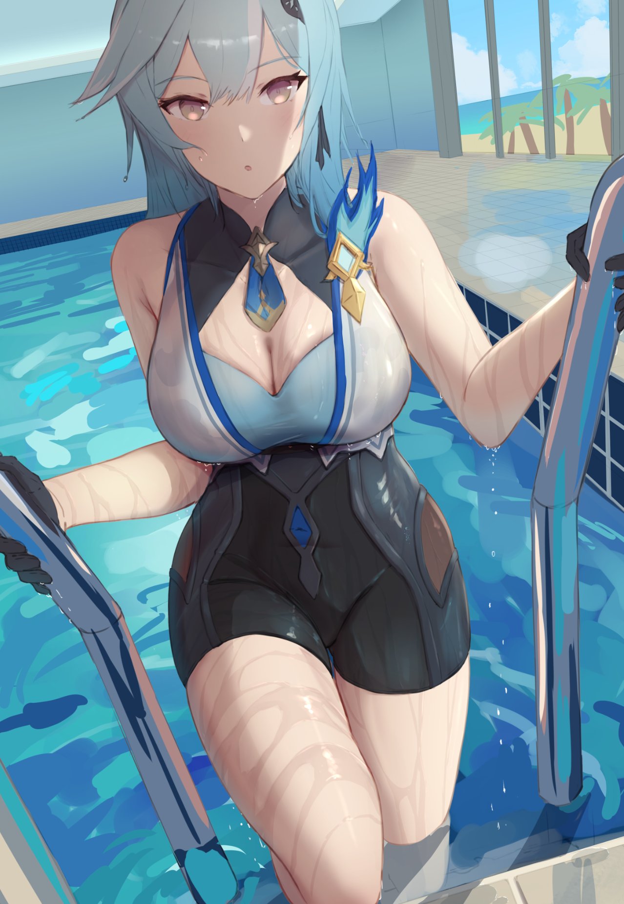 1girl :o adapted_costume bare_shoulders black_gloves black_hairband blue_hair breasts cleavage cleavage_cutout clothing_cutout covered_collarbone eula_(genshin_impact) genshin_impact gloves hairband highres indoors ippers large_breasts looking_at_viewer medium_hair on_ladder one-piece_swimsuit pool pool_ladder purple_eyes solo swimsuit two-tone_one-piece_swimsuit wet