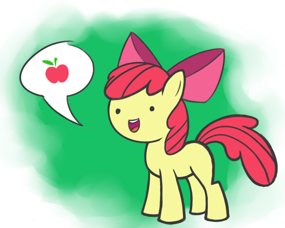 :d apple apple_bloom_(mlp) bow cub equine female feral friendship_is_magic fruit fur gallade77 hair horse mammal my_little_pony open_mouth plain_background pony red_hair ribbons smile yellow_fur young