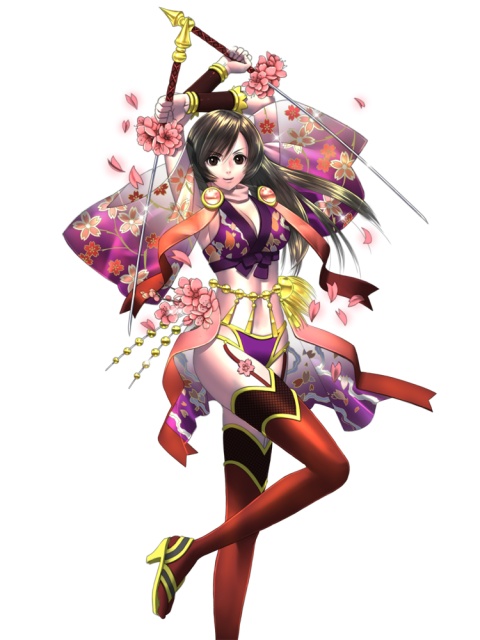 arms_up artist_request black_hair bracer breasts cleavage dual_wielding floral_print high_heels holding japanese_clothes large_breasts long_hair mochizuki_chiyome_(sengoku_saga) official_art onimusha onimusha_soul petals scarf sengoku_saga shoes smile solo sword thighhighs weapon wide_sleeves