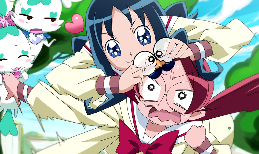 2girls :3 afterimage blue_eyes blue_hair blue_sky bow bowtie chypre_(heartcatch_precure!) clenched_hand closed_mouth cloud coffret_(heartcatch_precure!) collared_shirt day dress eyelashes furrowed_brow glasses groucho_glasses hanasaki_tsubomi heart heartcatch_precure! holding holding_removed_eyewear kurumi_erika long_hair maeashi motion_blur motion_lines multiple_girls myoudou_gakuen_middle_school_uniform o_o open_mouth outdoors panicking pink_hair precure red_bow red_bowtie sailor_collar school_uniform shirt short_dress sky smile sweat tree unworn_eyewear upper_body v-shaped_eyebrows waving_arm wavy_mouth white_sailor_collar wide_sleeves yellow_shirt