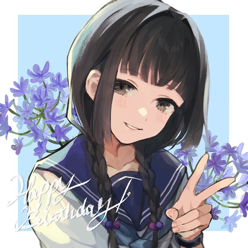 1girl :d a34403178 amemori_sayo arm_at_side black_eyes black_hair blue_background blue_sailor_collar blush border braid collarbone grin hair_intakes hair_ornament hair_over_shoulder hand_up happy_birthday long_hair looking_at_viewer low_twin_braids nijisanji open_mouth outside_border portrait sailor_collar school_uniform shirt short_sleeves sidelocks simple_background smile solo teeth twin_braids v virtual_youtuber watch white_border white_shirt wristwatch