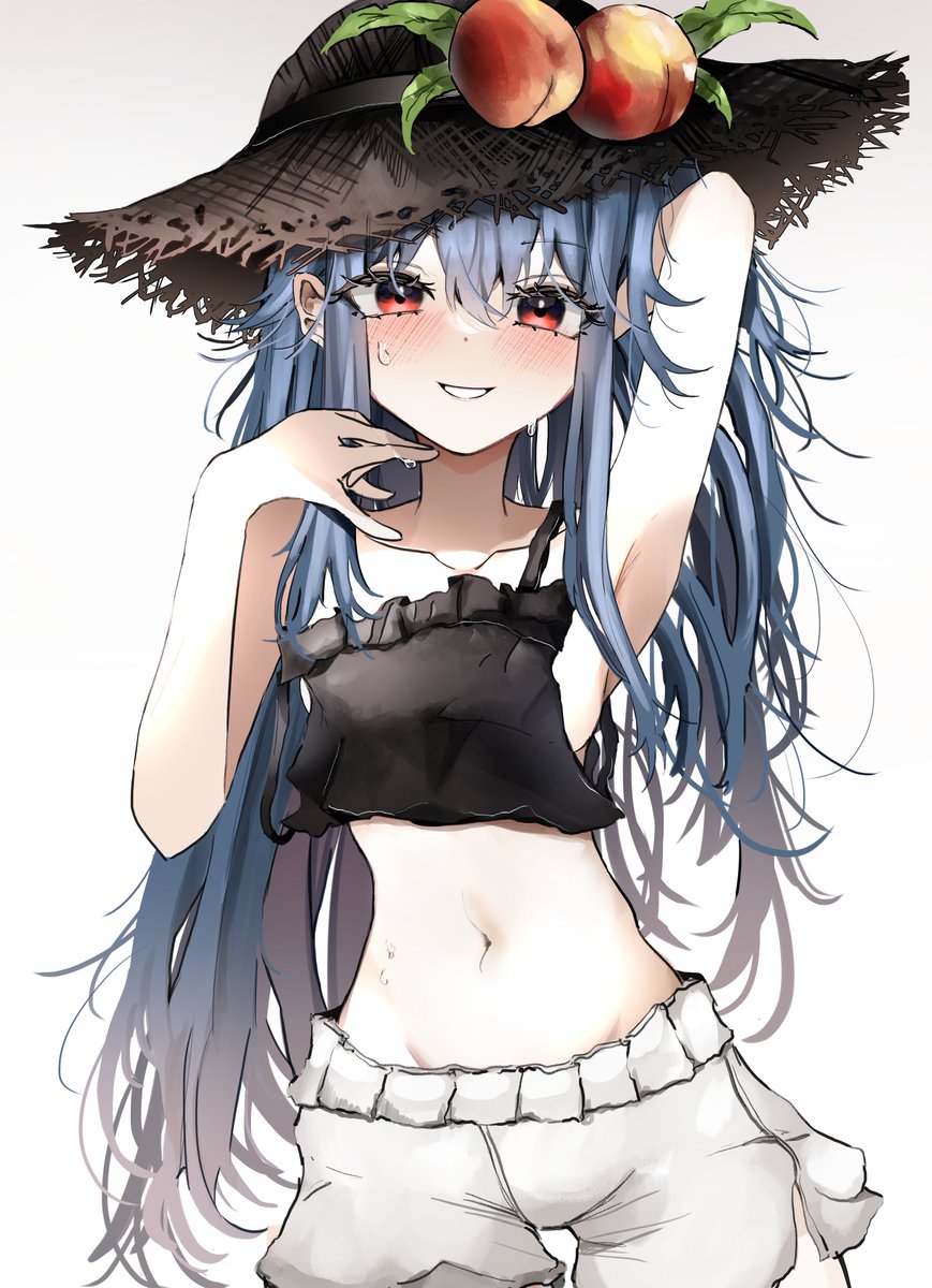 1girl alternate_costume alternate_headwear armpits black_hat black_shirt blue_hair blush breasts collarbone commission cowboy_shot crop_top english_commentary hair_between_eyes hand_in_own_hair hands_up hat highres hinanawi_tenshi long_hair looking_at_viewer midriff navel ougiikun peach_hat_ornament red_eyes shirt shorts sideboob simple_background smile solo strap_slip sun_hat sweat touhou very_long_hair white_background white_shorts