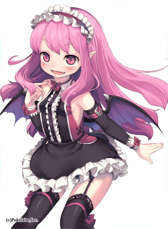 bare_shoulders bat_wings fang fangs garter_straps kishibe long_hair looking_at_viewer open_mouth original pink_eyes pink_hair pointy_ears skirt smile solo thighhighs wings