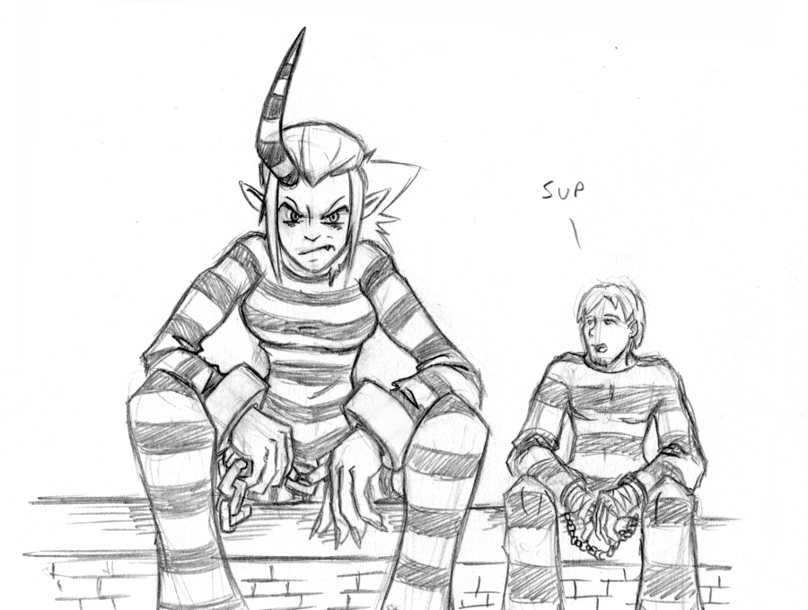1girl breasts cellsai chain cody_travers crossover cuffs fang giantess greyscale height_difference horn large_breasts long_hair monochrome pointy_ears ponytail prison_clothes scythana shackles sitting sketch skullgirls street_fighter street_fighter_zero_(series)