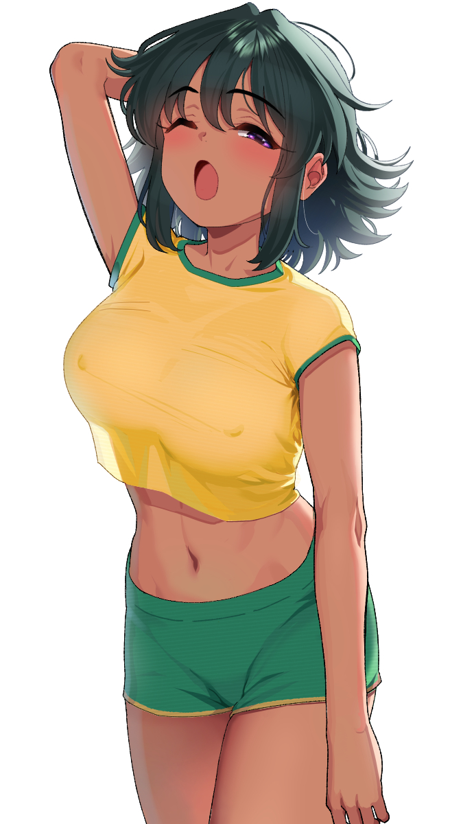 1girl arm_up blush breasts covered_nipples cropped_shirt dark-skinned_female dark_skin dolphin_shorts green_hair green_shorts half-closed_eyes highres idolmaster idolmaster_cinderella_girls large_breasts looking_at_viewer messy_hair natalia_(idolmaster) navel no_bra one_eye_closed open_mouth pettan_p purple_eyes shirt short_hair short_sleeves shorts sleepy solo stretching yawning yellow_shirt