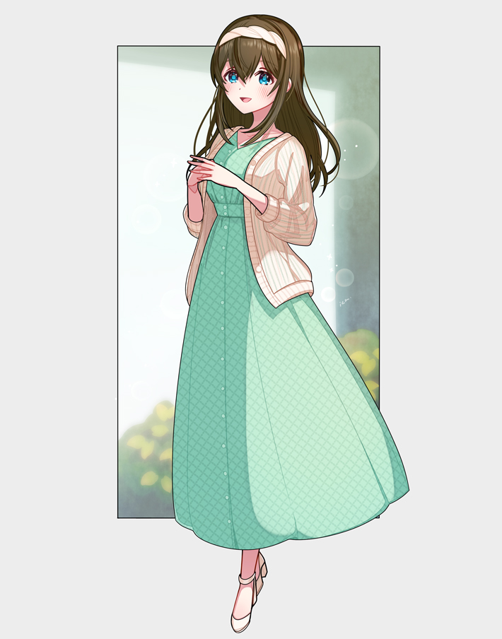 1girl blush brown_hair cardigan dress full_body green_dress hair_between_eyes hairband ich. idolmaster idolmaster_cinderella_girls long_hair looking_at_viewer own_hands_together patterned_clothing sagisawa_fumika smile solo straight_hair white_cardigan white_footwear white_hairband