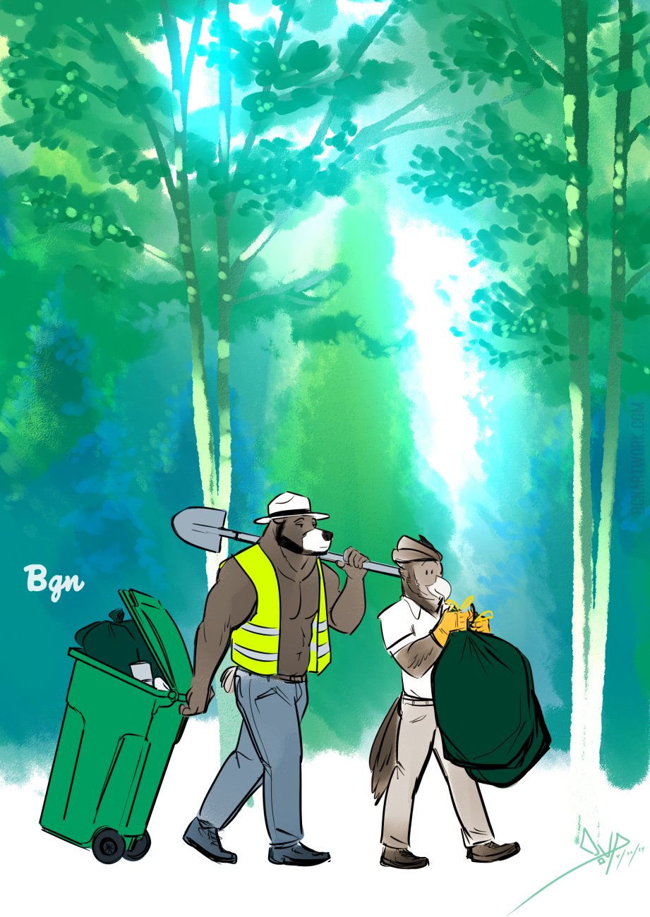 2024 abs anthro avian bear beard bgn biceps bird clothed clothing duo earth_day facial_hair forest hat headgear headwear hi_res male mammal manly muscular open_clothing open_topwear open_vest outside pecs plant safety_vest shovel shovel_over_shoulder tools topwear trash_bag trash_can tree vest