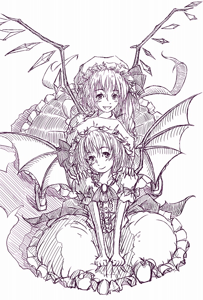 2girls ascot bat_wings brooch center_frills closed_mouth commentary_request daro fang flandre_scarlet frilled_skirt frills hands_on_another's_shoulders hat head_tilt jewelry looking_at_another making-of_available mob_cap monochrome multiple_girls open_mouth puffy_short_sleeves puffy_sleeves remilia_scarlet short_sleeves siblings sisters sitting sketch skirt touhou wings