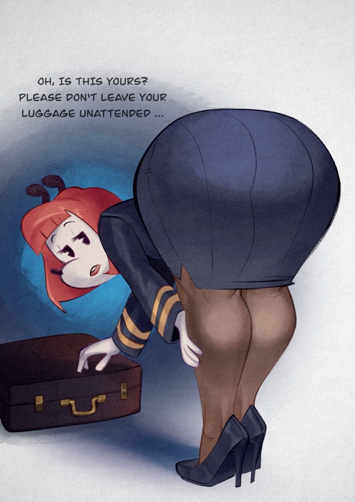 2024 anthro bent_over big_butt butt butt_focus canid canine canis clothing dialogue domestic_dog english_text erica_(disney) female footwear hair high_heels looking_back mammal mickey_mouse_shorts red_hair solo suitcase text xu53r