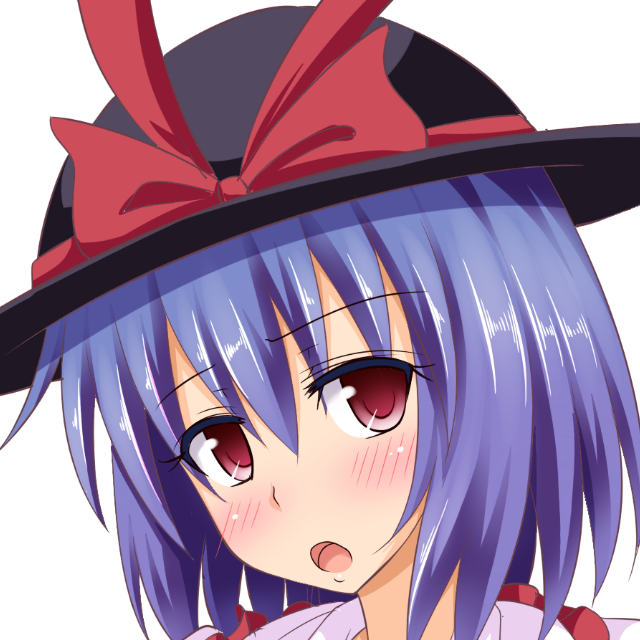1girl black_hat blush bow commentary_request gin'you_haru hat hat_bow looking_at_viewer nagae_iku open_mouth portrait profile_picture purple_hair red_bow red_eyes short_hair simple_background solo touhou upper_body white_background