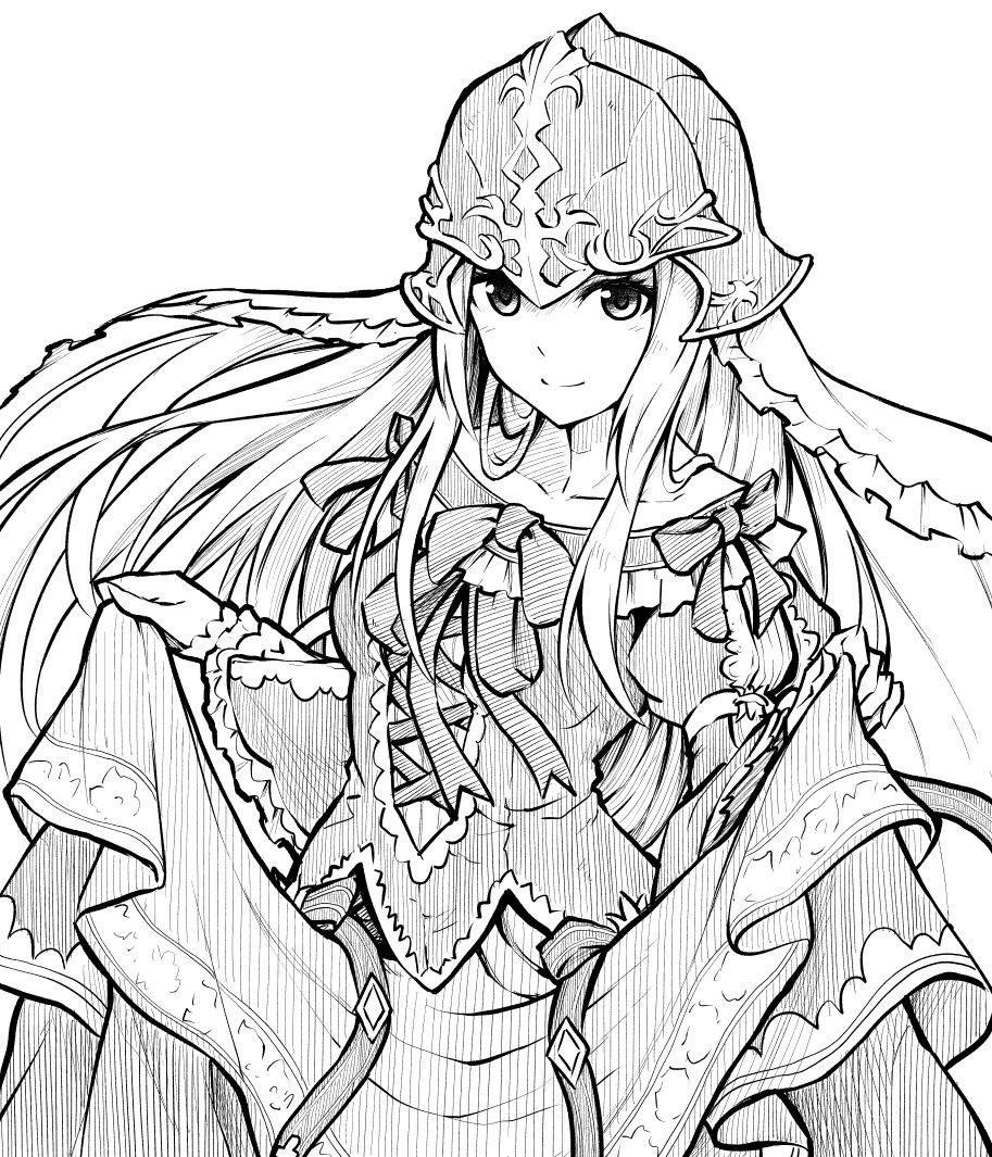 1girl closed_mouth clothes_lift dress dress_lift fire_emblem fire_emblem:_path_of_radiance fire_emblem_heroes helmet juliet_sleeves long_hair long_sleeves looking_at_viewer monochrome nephenee_(fire_emblem) nephenee_(soiree)_(fire_emblem) puffy_sleeves simple_background smile solo ten_(tenchan_man) upper_body white_background