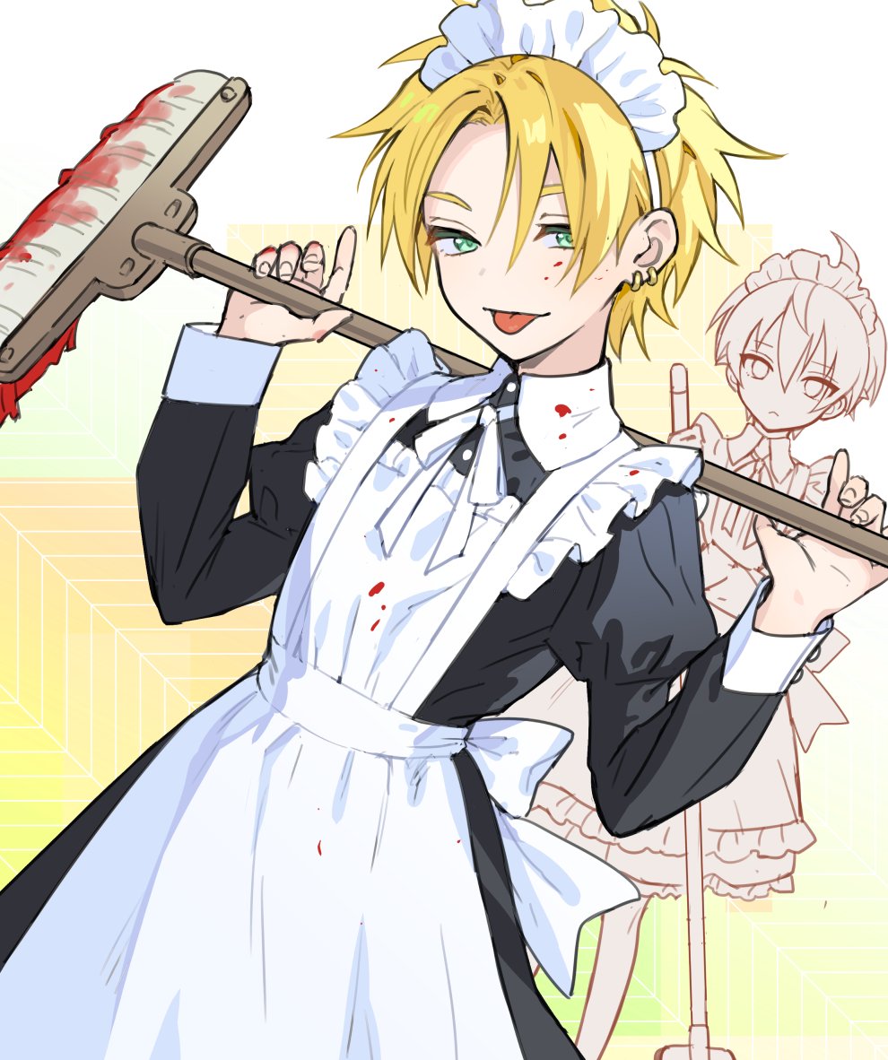 2boys alternate_costume apron black_dress blonde_hair blood blood_on_clothes blood_on_face closed_mouth crossdressing dress ear_piercing enmaided frills green_eyes holding holding_mop long_sleeves looking_at_viewer maid maid_headdress male_focus mop multiple_boys original otoko_no_ko piercing pillow_(nutsfool) simple_background solo_focus tongue tongue_out white_apron