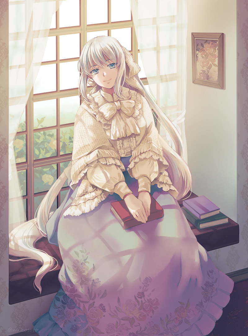 1girl blue_eyes blue_skirt book bow collared_dress dress fate/grand_order fate_(series) floral_print frilled_dress frills grey_hair hair_bow long_hair long_skirt long_sleeves looking_at_viewer morgan_le_fay_(fate) ponytail shuiqin sidelocks sitting skirt smile solo very_long_hair white_bow white_dress