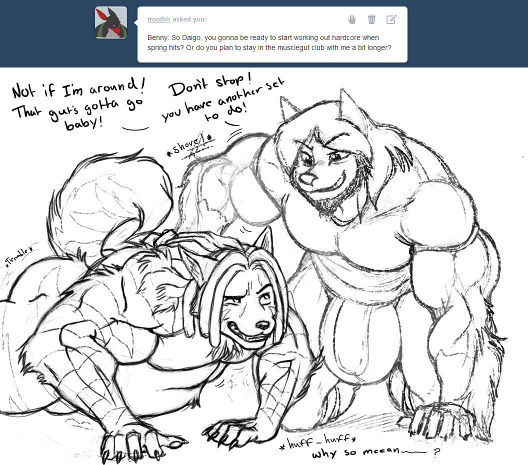 2013 abs anthro balls biceps big_balls canine clothing daigo daigo_(character) dialog duo english_text exersize hair male mammal muscles pecs plain_background raised_tail sketch text thick_thighs tumblr white_background wide_hips