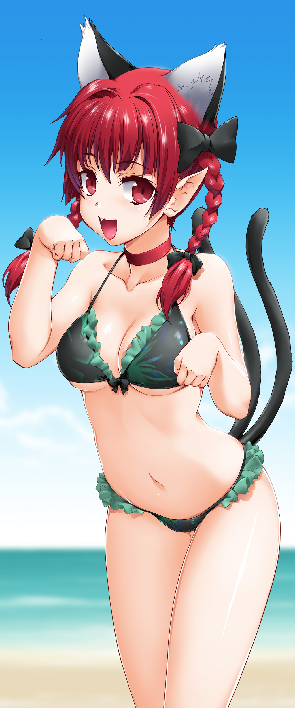 absurdres animal_ears beach bikini bow braid breasts byeontae_jagga cat_ears cat_tail choker cleavage extra_ears fang frilled_bikini frills hair_bow highres kaenbyou_rin looking_at_viewer medium_breasts multiple_tails navel nekomata open_mouth paw_pose pointy_ears red_eyes red_hair solo swimsuit tail touhou twin_braids