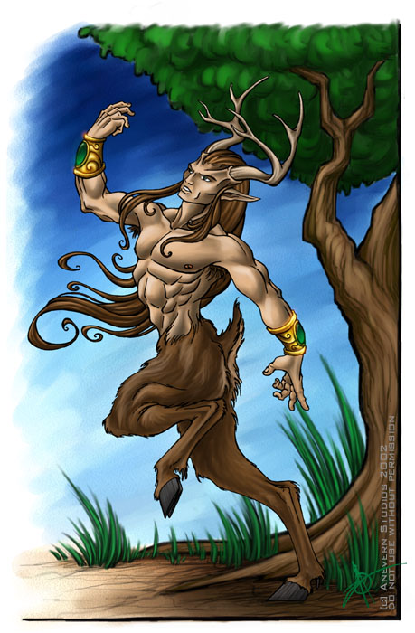 2002 antlers celtic_mythology cernunnos deity european_mythology hair hooves horn humanoid jewelry kytheraoa long_hair male mythology nipples pecs plant satyr solo tree