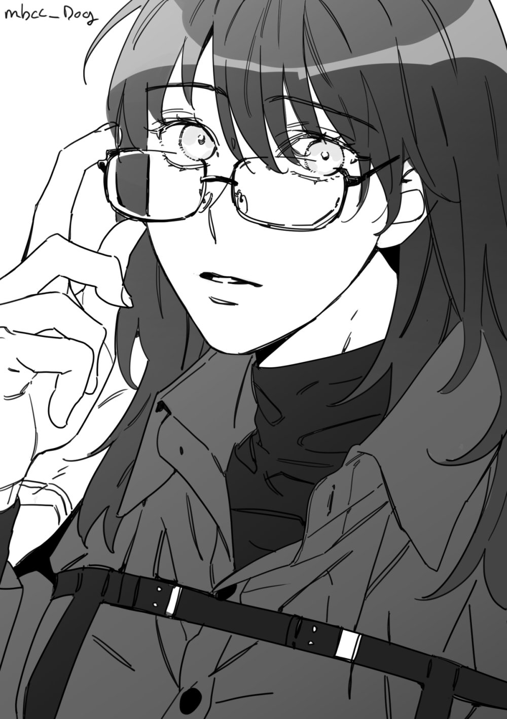 1girl chest_strap chief_(path_to_nowhere) collared_shirt commentary_request dog_9uk female_chief_(path_to_nowhere) glasses greyscale hand_up highres korean_commentary looking_at_viewer monochrome parted_lips path_to_nowhere shirt solo twitter_username upper_body