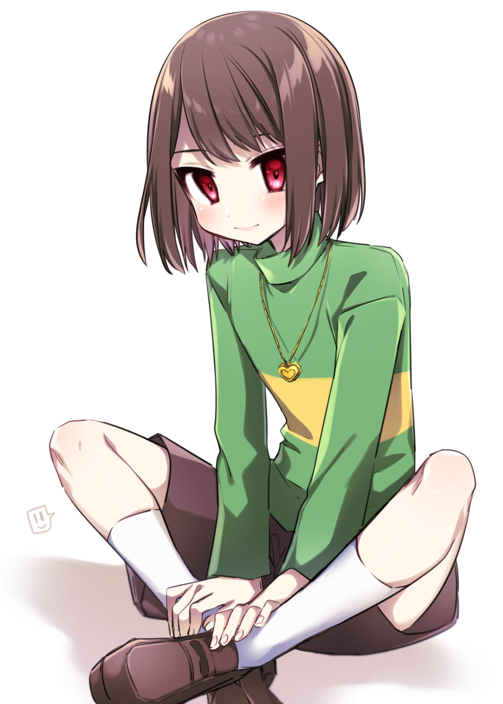 1other blush bob_cut brown_footwear brown_hair brown_shorts chara_(undertale) closed_mouth fingernails foot_out_of_frame green_sweater hands_on_own_legs heart heart_necklace highres indian_style jewelry kneehighs knees_apart_feet_together leftporygon loafers long_sleeves looking_at_viewer necklace red_eyes shadow shoes short_hair shorts sitting smile socks solo spoken_smile striped_clothes striped_sweater sweater turtleneck turtleneck_sweater undertale white_background white_socks yellow_sweater