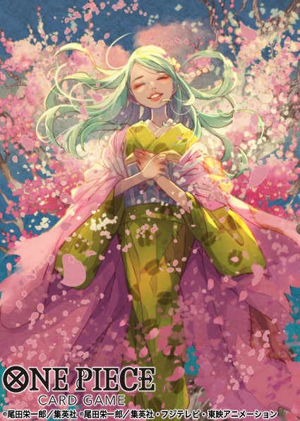 1girl cherry_blossoms closed_eyes commentary_request copyright_name floating_hair flower_ornament green_hair green_kimono hair_ornament haori japanese_clothes kimono kouzuki_toki long_hair nanahara_shie obi official_art one_piece petals pink_haori pink_petals sash smile solo swept_bangs wide_sleeves
