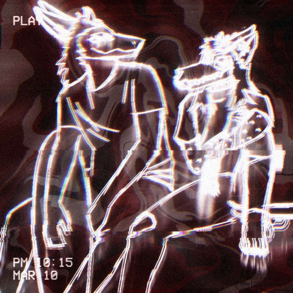 2_horns 3_eyes abstract_background andromorph_(lore) anthro chromatic_aberration clothed clothing duo gynomorph_(lore) horn line_art mallikathesatanist_(artist) multi_eye skateboard skulldog vehicle vhs_artifacts vhs_filter