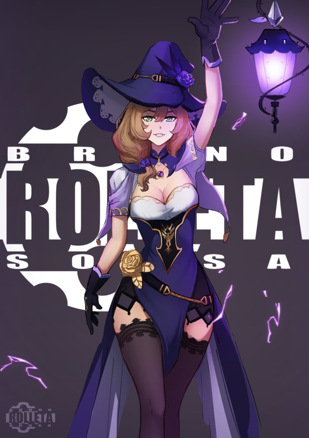 1girl artist_logo artist_name black_gloves breasts brown_hair cleavage dress flower genshin_impact gloves gold golden_rose green_eyes hair_between_eyes hair_flower hair_ornament hat hat_belt hat_flower highres jewelry lamp lightning lisa_(genshin_impact) looking_at_viewer medium_breasts necklace purple_dress purple_flower purple_hat purple_rose rolleta_sousa rose simple_background smile solo thighhighs vision_(genshin_impact) witch witch_hat