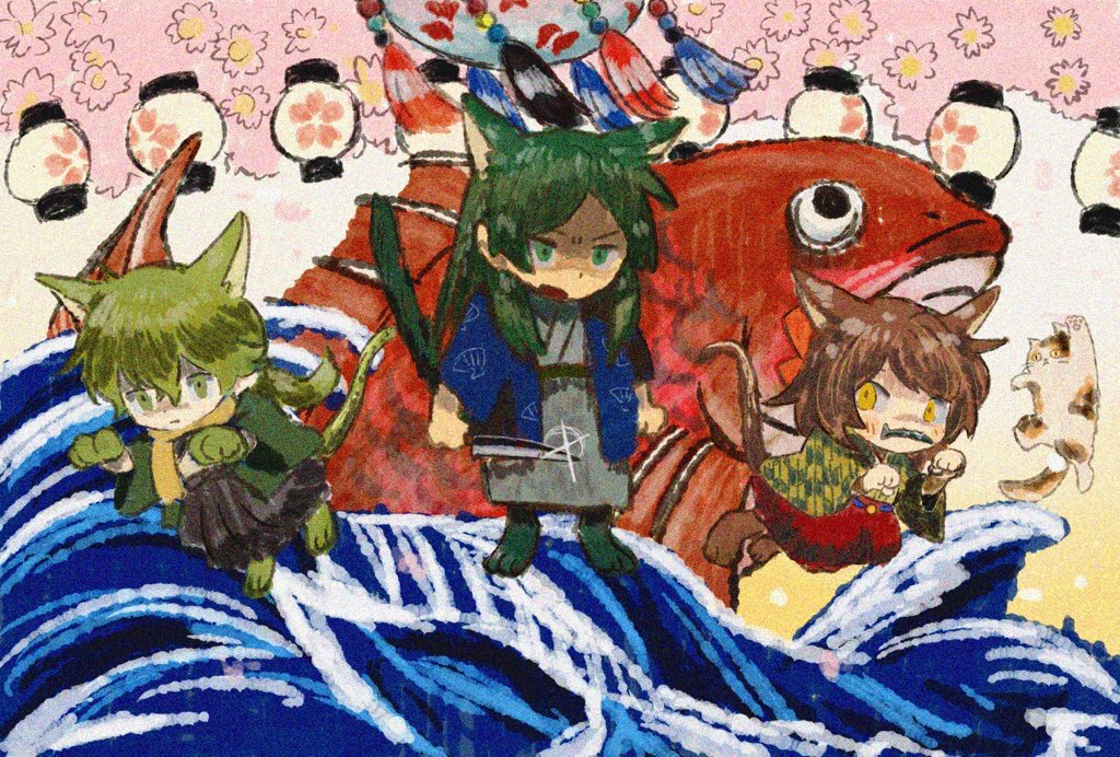 1girl 2boys animal_ears animal_hands ayazuki_mei black_hakama blue_jacket blue_sleeves blush_stickers brown_footwear brown_hair calico cat_boy cat_ears cat_girl cat_tail checkered_clothes checkered_kimono checkered_sleeves chibi clenched_hands commentary_request fish_in_mouth flower fujita_gorou full_body gleam gloves green_eyes green_footwear green_gloves green_hair green_jacket green_kimono green_sleeves grey_kimono hakama hakama_skirt hishida_shunsou holding holding_knife jacket japanese_clothes kemonomimi_mode kimono knife lantern long_hair long_sleeves looking_at_viewer low_ponytail medium_hair meiji_tokyo_renka multiple_boys open_clothes open_jacket open_mouth paper_lantern paw_gloves paw_pose paw_shoes pink_flower red_hakama scarf seashell_print shaded_face short_kimono skirt socks sugi_haeru tail tassel tree two-tone_kimono two-tone_sleeves v-shaped_eyebrows waves white_socks wide_sleeves yellow_eyes yellow_kimono yellow_scarf yellow_sleeves