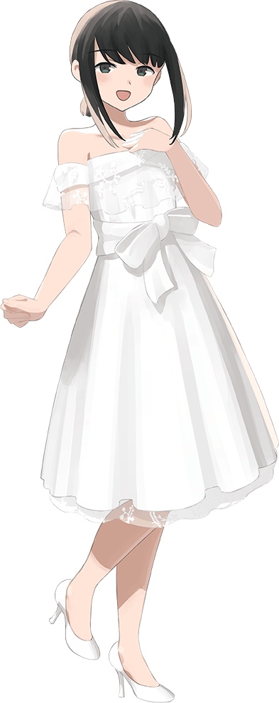 1girl bare_shoulders black_hair collarbone dress fubuki_(kancolle) grey_eyes hand_on_own_chest kantai_collection looking_at_viewer official_art open_mouth ribbon shibafu_(glock23) short_hair sleeveless sleeveless_dress smile solo white_dress