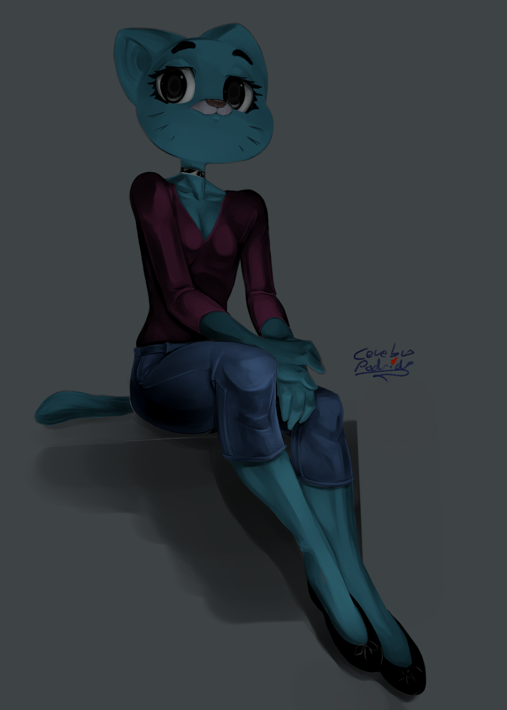 2018 5_fingers alternate_costume anthro blue_fur breasts cartoon_network cat cerebropodrido cleavage clothed clothing digital_media_(artwork) feline female fur hi_res jeans looking_at_viewer mammal mature_female nicole_watterson pants sitting small_breasts the_amazing_world_of_gumball whiskers