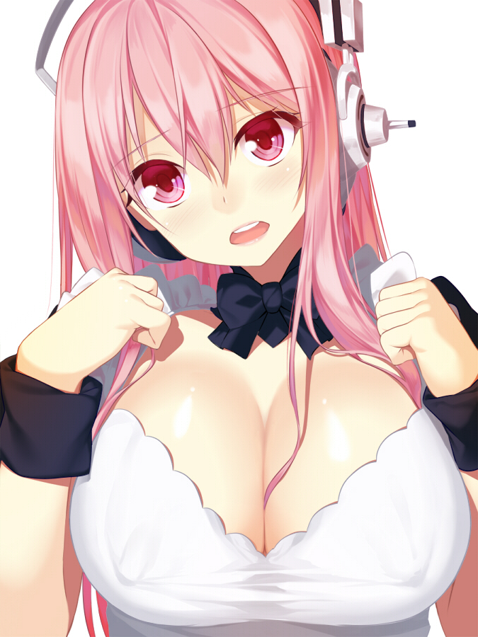 blush bow bowtie breasts cleavage d: headphones hullabaloo large_breasts long_hair nitroplus open_mouth pink_eyes pink_hair simple_background solo super_sonico white_background