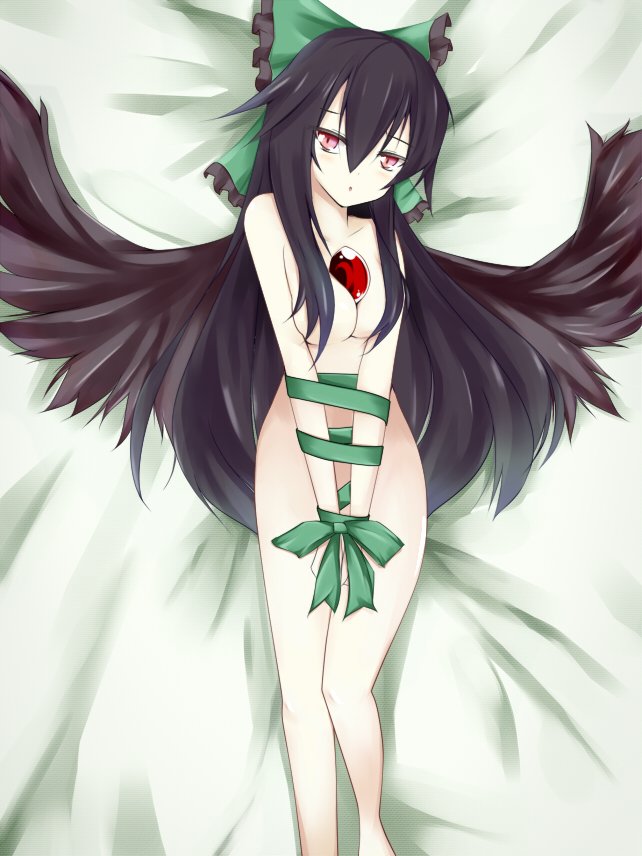 black_hair blush bow hair_bow hair_censor long_hair nude open_mouth red_eyes reiuji_utsuho ribbon solo sora_(cautionutuho) third_eye touhou wings