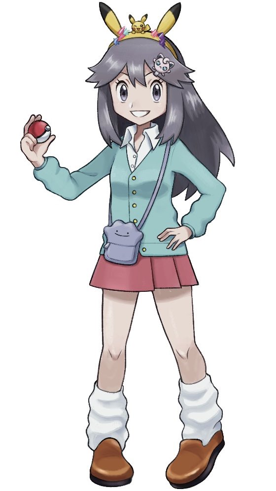 1girl adapted_costume bag brown_footwear buttons cardigan collared_shirt commentary_request eyelashes green_cardigan grey_eyes grin hair_flaps hairband hand_on_own_hip hand_up holding holding_poke_ball jeri20 knees leaf_(pokemon) long_hair loose_socks pleated_skirt poke_ball poke_ball_(basic) pokemon pokemon_frlg shirt shoes shoulder_bag sidelocks skirt smile socks solo teeth white_shirt white_socks yellow_hairband