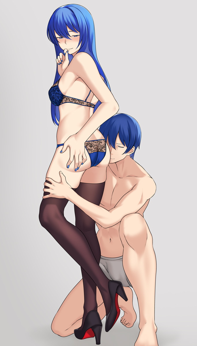 1boy 1girl ass ass_worship bbk_(13zk) blue_bra blue_eyes blue_hair blue_panties blush boxers bra breasts bulge caeda_(fire_emblem) couple erection erection_under_clothes fire_emblem fire_emblem:_mystery_of_the_emblem fire_emblem:_shadow_dragon_and_the_blade_of_light high_heels highres leg_grab lingerie male_underwear marth_(fire_emblem) panties pantyhose thigh_grab underwear