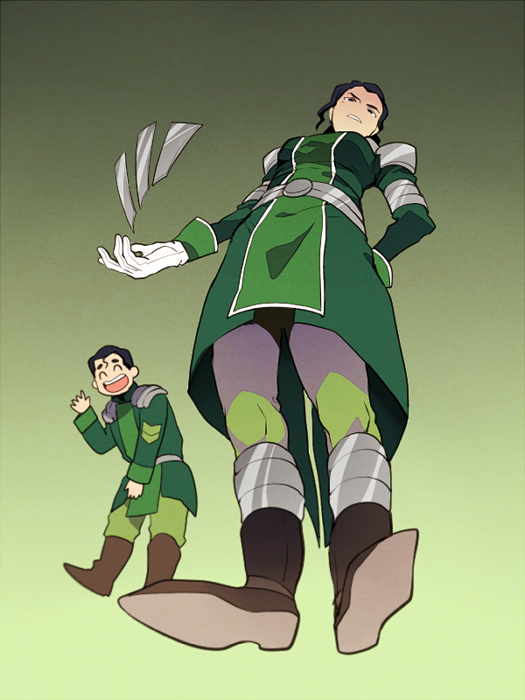 1boy 1girl avatar_legends black_hair bolin boots breasts brown_footwear closed_eyes coat from_below full_body gloves green_background green_coat green_pants green_theme kuvira long_sleeves looking_at_viewer medium_breasts mole mole_under_eye open_mouth pants shoe_soles short_hair smile t_k_g teeth the_legend_of_korra upper_teeth_only white_gloves