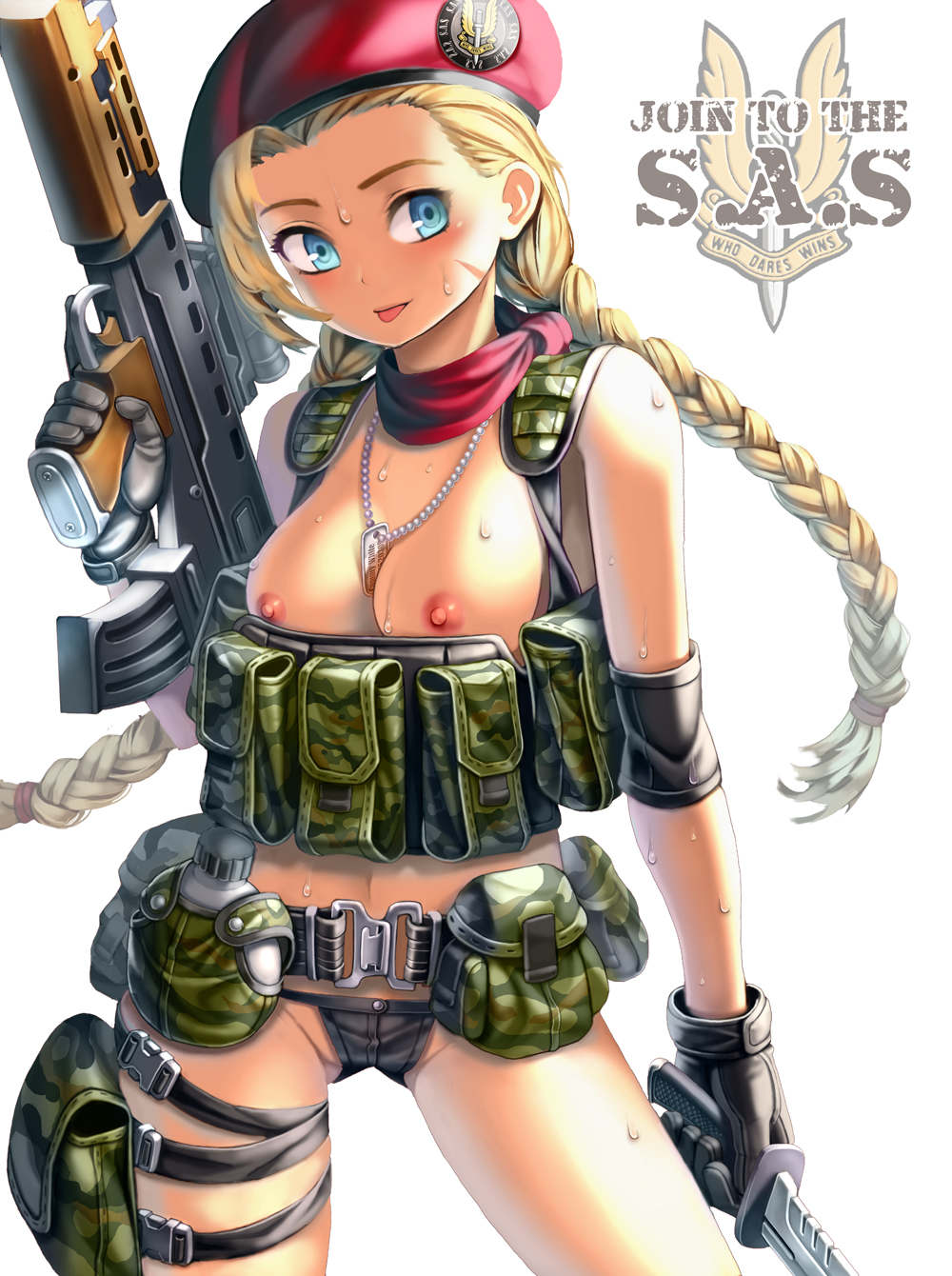 assault_rifle banned_artist belt blonde_hair blue_eyes braid breasts cammy_white gloves gun hat highres jewelry knife l85 long_hair medium_breasts navel necklace nipples panties revision rifle scar solo special_air_service street_fighter thigh_strap trigger_discipline twin_braids underwear weapon xil
