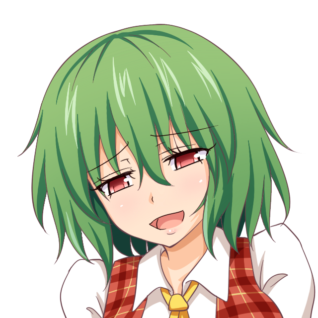 1girl collared_shirt commentary_request gin'you_haru green_hair half-closed_eyes kazami_yuuka looking_at_viewer open_mouth plaid portrait profile_picture red_eyes shirt short_hair simple_background solo touhou upper_body white_background