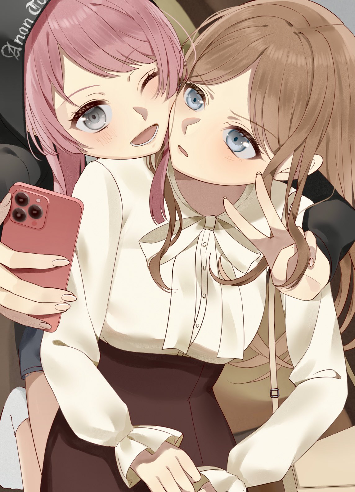 2girls bag bang_dream! bang_dream!_it's_mygo!!!!! black_hoodie blue_eyes blush brown_hair brown_skirt cellphone cheek-to-cheek chihaya_anon commentary_request grey_eyes handbag heads_together highres holding holding_phone hood hoodie long_hair long_sleeves me_a_(r_party428) multiple_girls nagasaki_soyo one_side_up open_mouth parted_lips phone pink_hair selfie shirt shirt_tucked_in sitting sitting_on_lap sitting_on_person skirt smartphone smile taking_picture v white_shirt yuri