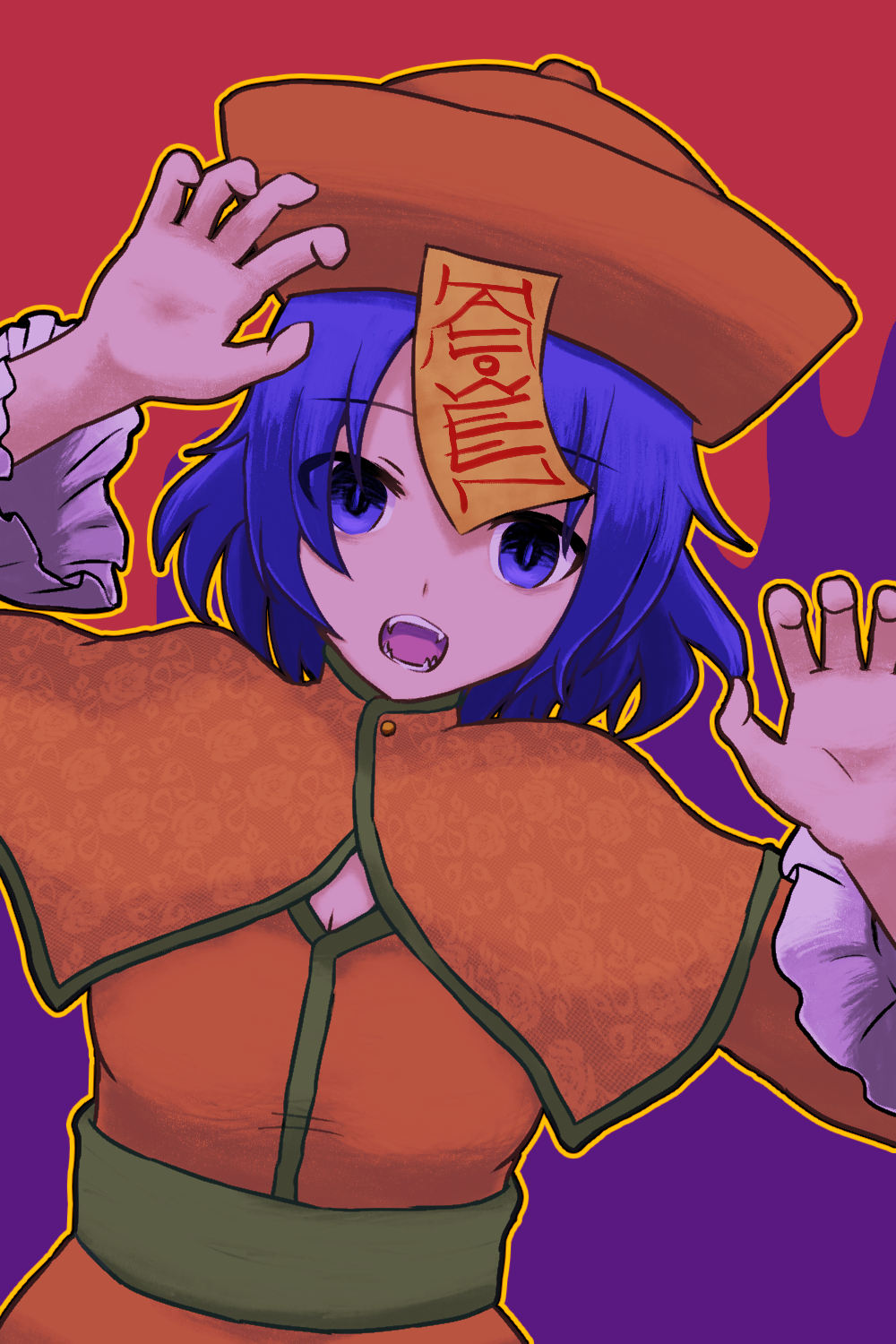 1girl 9no1girl alternate_costume capelet commentary_request dress frilled_sleeves frills hat highres jiangshi long_sleeves looking_at_viewer miyako_yoshika ofuda open_mouth orange_capelet orange_dress orange_hat purple_eyes purple_hair qingdai_guanmao red_background short_hair solo teeth textless_version touhou upper_body