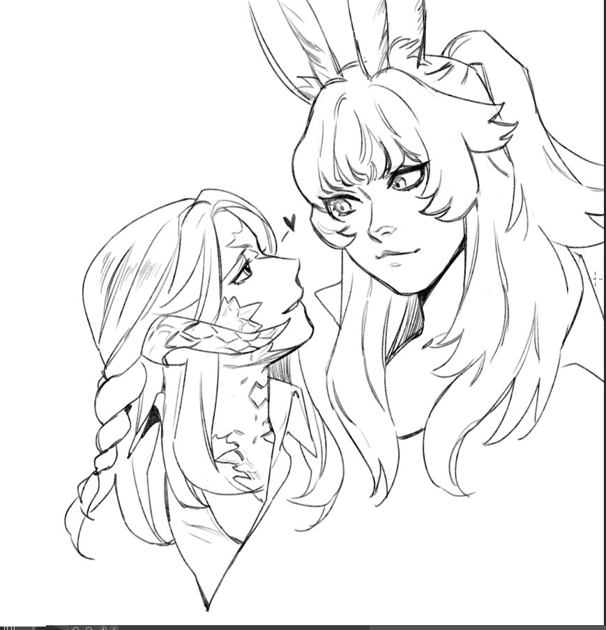 2girls animal_ears au_ra braid closed_mouth commentary_request dog_9uk eye_contact final_fantasy final_fantasy_xiv greyscale heart horns korean_commentary long_hair looking_at_another monochrome multiple_girls ponytail rabbit_ears scales smile upper_body viera warrior_of_light_(ff14) yuri