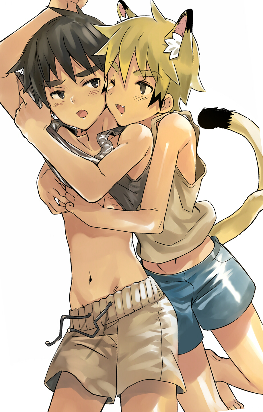 animal_ears barefoot coin_rand fangs highres hug hug_from_behind male_focus multiple_boys navel neko_otouto one_eye_closed open_mouth original shirt_lift shorts simple_background tail white_background