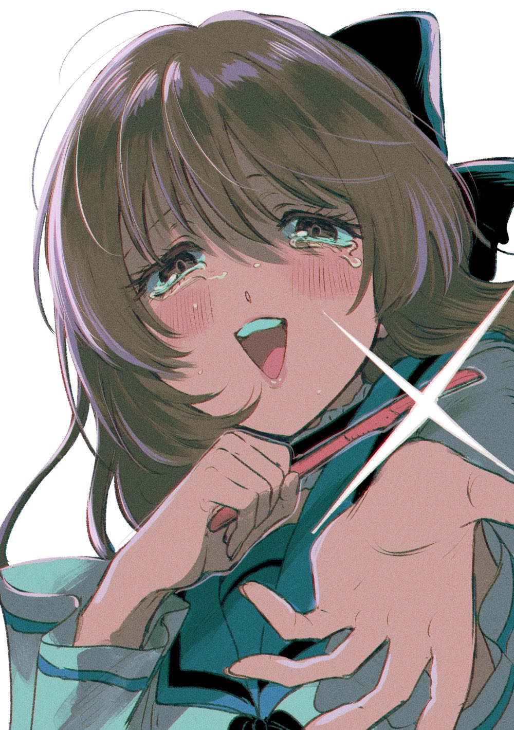 1girl black_bow black_choker blue_sailor_collar blush bow brown_eyes brown_hair choker commentary_request crying crying_with_eyes_open frilled_choker frills hair_bow half-closed_eyes hands_up highres holding_razor imminent_suicide long_hair long_sleeves looking_at_viewer oniyama831 original sad_smile sailor_collar school_uniform serafuku smile solo tareme tears upper_body wrist_cutting