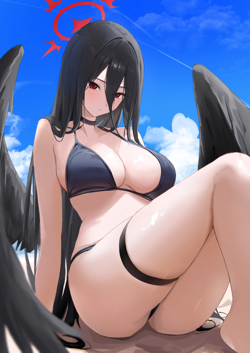 1girl alternate_costume ass bare_arms bare_shoulders bikini black_bikini black_hair black_wings blue_archive blue_sky breasts cleavage cloud cloudy_sky commentary_request day feathered_wings hair_between_eyes halo haro_art hasumi_(blue_archive) highres knees_up large_breasts long_bangs long_hair looking_at_viewer low_wings outdoors red_eyes red_halo sitting sky solo swimsuit thigh_strap thighs very_long_hair wings