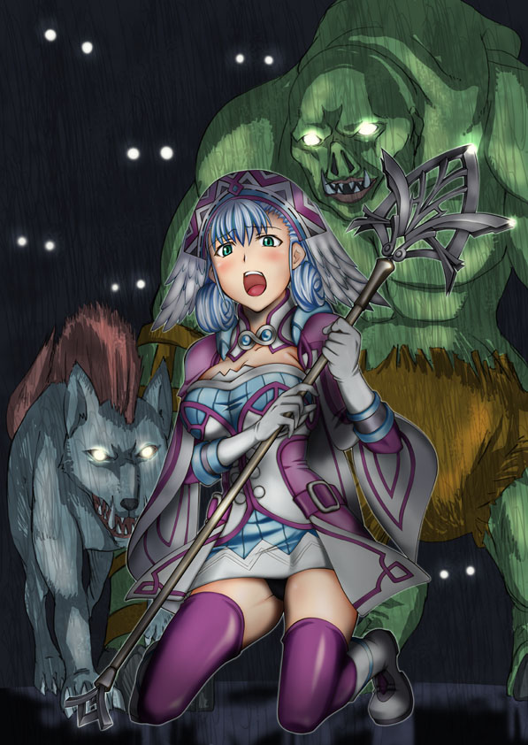 1girl :o boots breasts cleavage dress full_body gloves glowing glowing_eyes green_eyes grey_hair head_wings holding holding_staff long_sleeves looking_at_viewer medium_breasts melia_antiqua open_mouth orc purple_dress purple_thighhighs seiza sitting solo_focus staff teeth tenzen_miyabi thighhighs upper_teeth_only white_dress white_footwear white_gloves white_wings wide_sleeves wings wolf xenoblade_chronicles_(series) xenoblade_chronicles_1