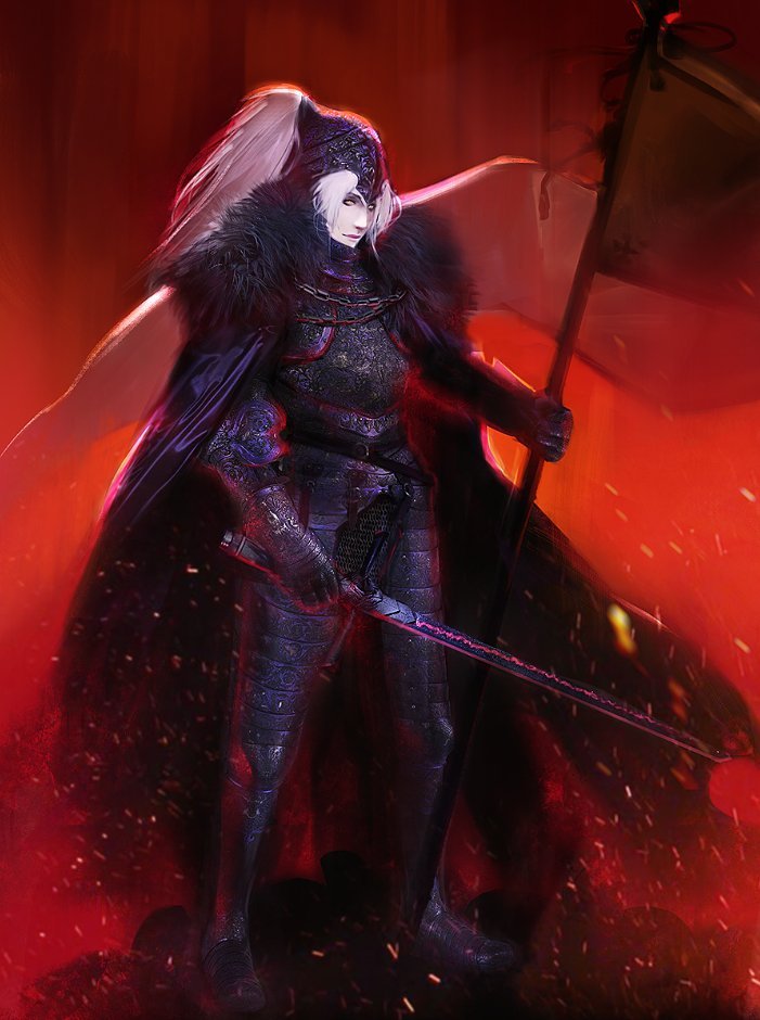 1girl alter_servant armor banner belt black_armor black_cape breastplate cape chainmail embers english_commentary fate/grand_order fate_(series) faulds fire flag full_armor fur-trimmed_cape fur_trim gauntlets giulia_carli greaves helmet holding holding_banner holding_sword holding_weapon jeanne_d'arc_alter_(fate) knight messy_hair ornate_armor painting_(medium) plume red_light redesign solo sword traditional_media weapon white_flag white_hair yellow_eyes