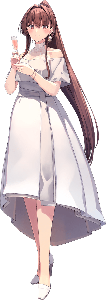 1girl bare_shoulders breasts brown_eyes brown_hair collarbone dress flower full_body hair_ornament kantai_collection large_breasts long_hair looking_at_viewer off_shoulder official_art ponytail shizuma_yoshinori sleeveless smile solo transparent_background very_long_hair white_dress yamato_(kancolle)