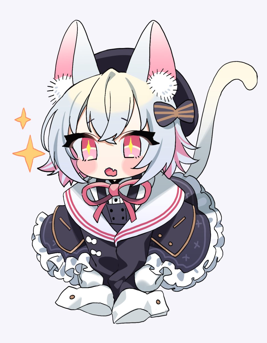 +_+ 1girl animal_ears beret black_bow black_dress black_hat black_jacket blush bow cat_ears cat_girl cat_tail chibi colored_inner_hair commentary_request dress fang frilled_dress frills full_body grey_background grey_hair hair_bow hat highres jacket long_sleeves looking_at_viewer multicolored_hair neck_ribbon off_shoulder open_mouth pinafore_dress pink_hair pink_ribbon raised_eyebrows ribbon sayo_(voicevox) shirt simple_background skin_fang sleeveless sleeveless_dress sleeves_past_fingers sleeves_past_wrists solo sparkle striped_bow tail tail_raised voicevox white_shirt yoshino_ns