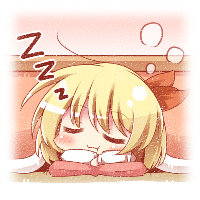 :3 blonde_hair blush chibi closed_eyes dress hair_ribbon kotatsu kousa_(black_tea) long_sleeves lying on_stomach pillow pink_eyes pout ribbon rumia shirt short_hair sleeping solo table touhou under_kotatsu under_table zzz