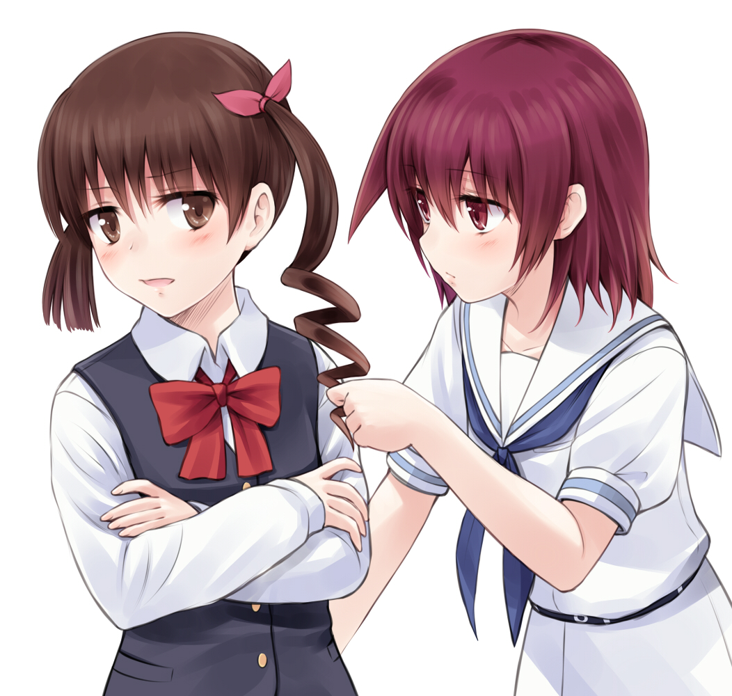 asymmetrical_hair bansei_school_uniform blush brown_eyes brown_hair commentary_request drill_hair hair_ribbon kobashiri_yae long_hair miyanaga_teru multiple_girls red_eyes red_hair ribbon saki saki_achiga-hen school_uniform serafuku shiraitodai_school_uniform simple_background suzushiro_yukari white_background