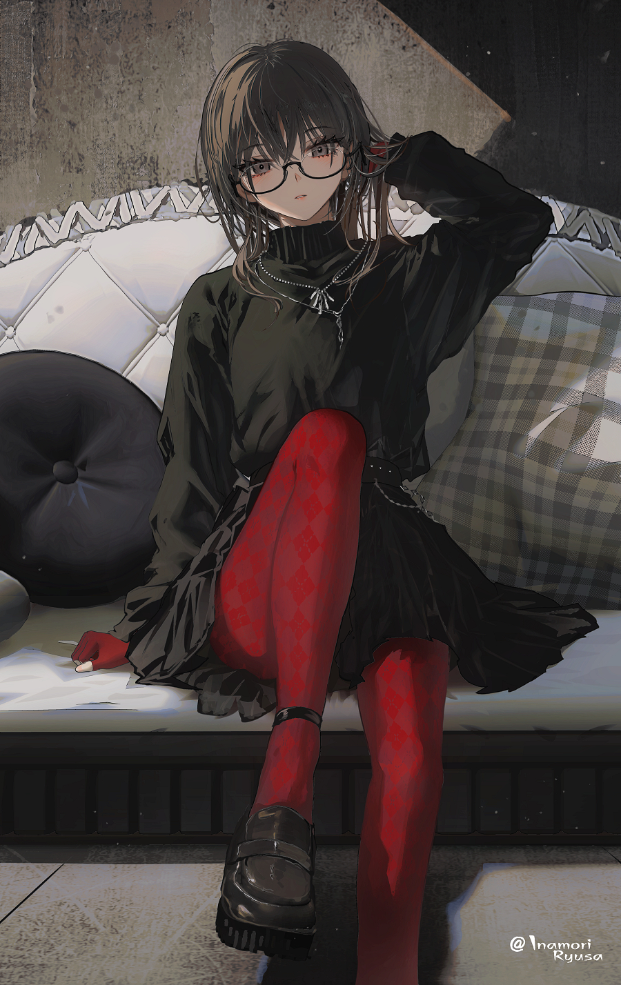 1girl argyle_clothes argyle_legwear artist_name black-framed_eyewear black_eyes black_footwear black_hair black_shirt black_skirt couch cushion fingerless_gloves gloves hand_up highres inaeda_kei jewelry knee_up looking_at_viewer necklace on_couch original pantyhose parted_lips pleated_skirt red_gloves red_pantyhose shirt sitting skirt solo thighs
